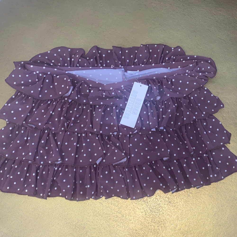 NEW Out From Under Cammy Ruffle Trim Micro Skort BROWN POLKA‎ DOT UO SIZE L - Picture 3 of 4